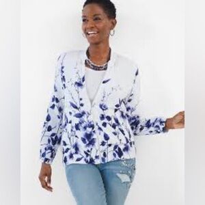 Chico’s white & blue floral zip front bomber style unlined jacket, 2 = large.